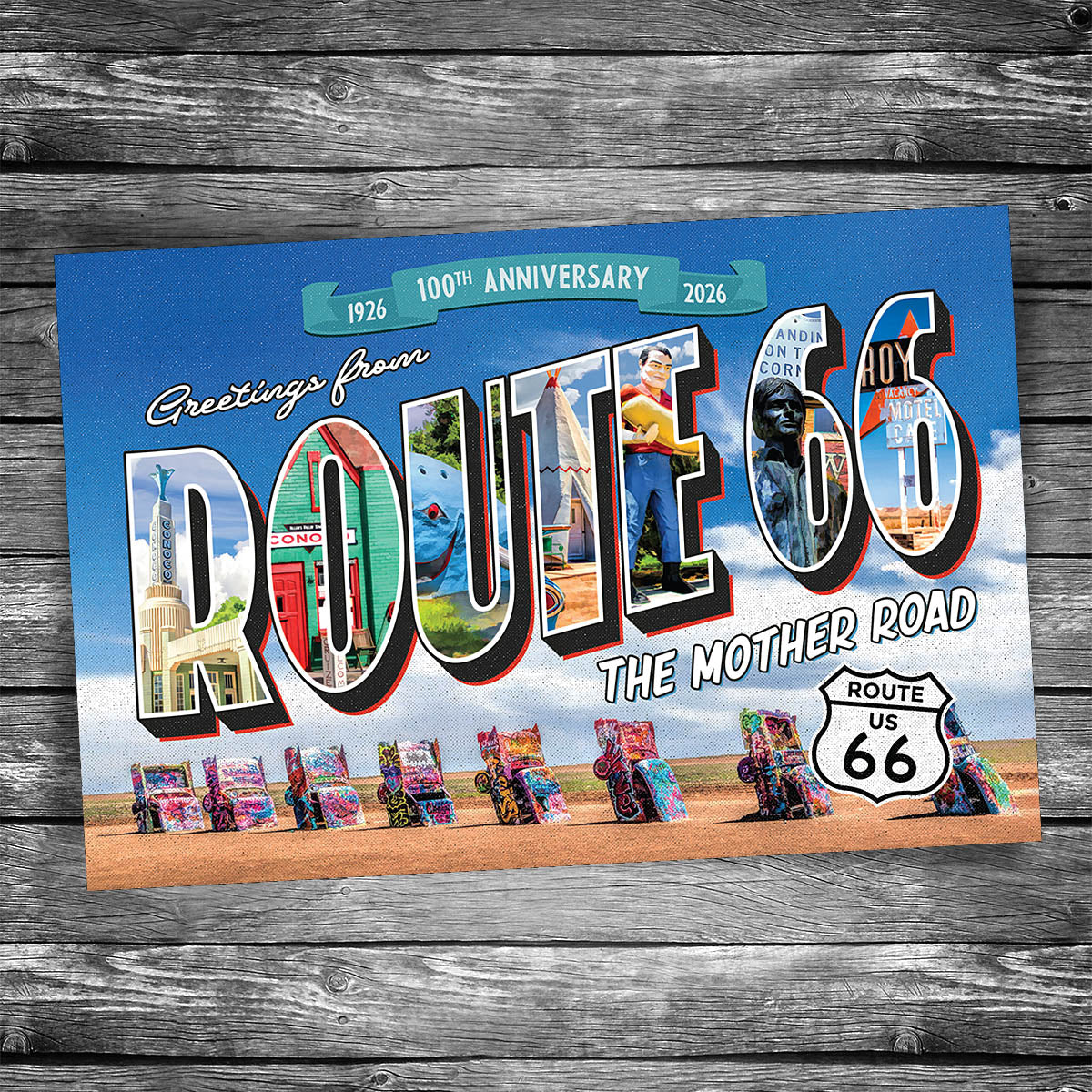 Route 66 Greetings From Cadillac Ranch Postcard - 100th Anniversary
