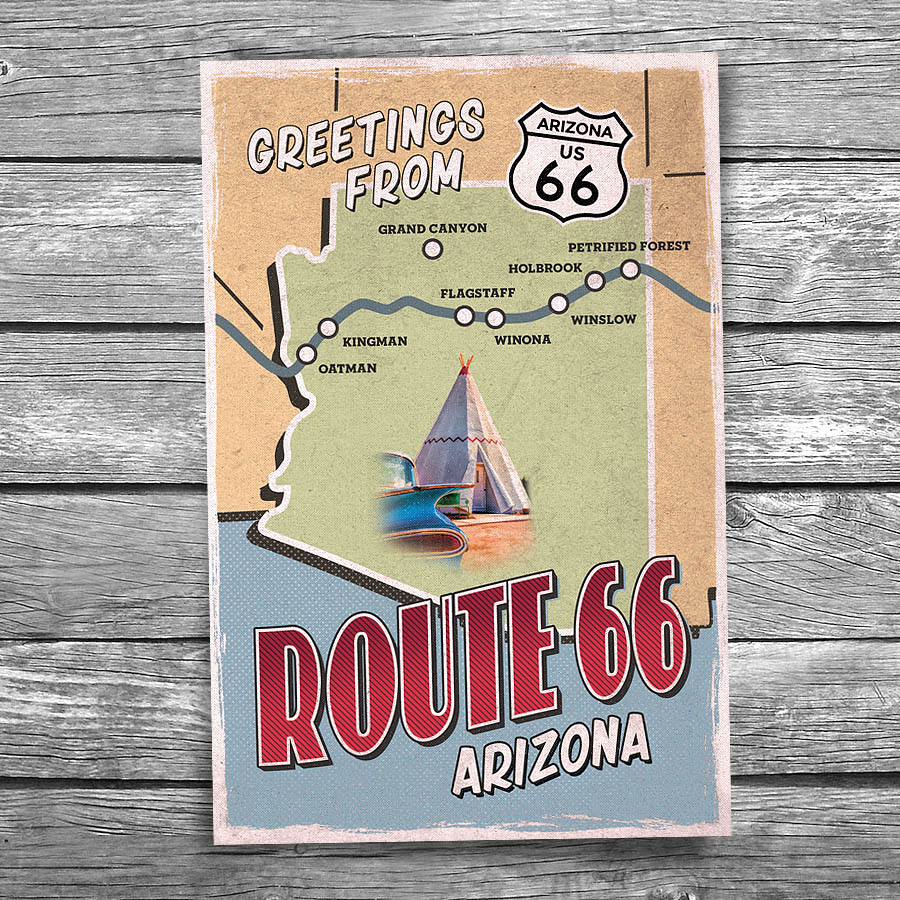 Greetings from Route 66 Arizona Map Postcard