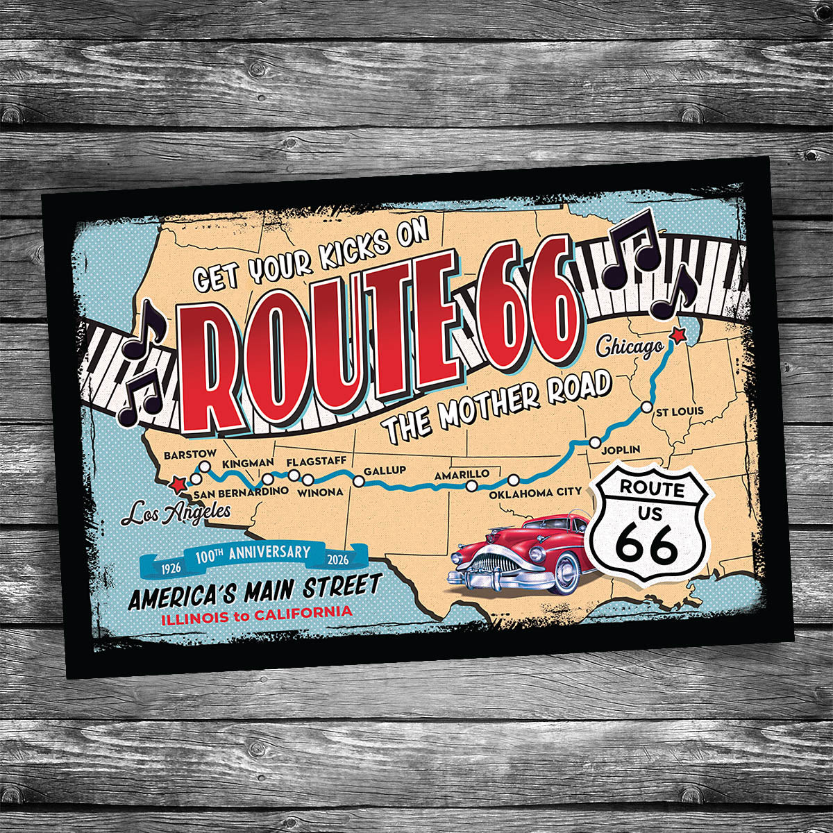 Get Your Kicks on Route 66 Map Postcard - 100th Anniversary
