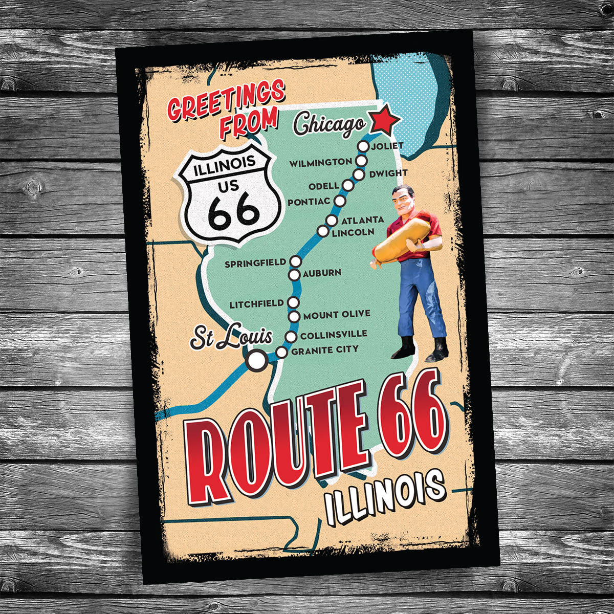 Greetings from Route 66 Illinois Map Postcard