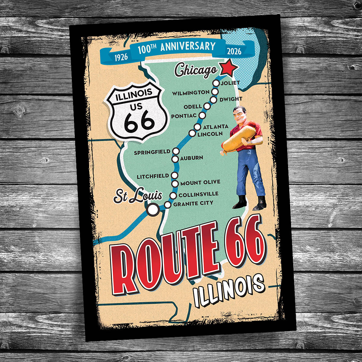 Greetings from Route 66 Illinois Map Postcard - 100th Anniversary