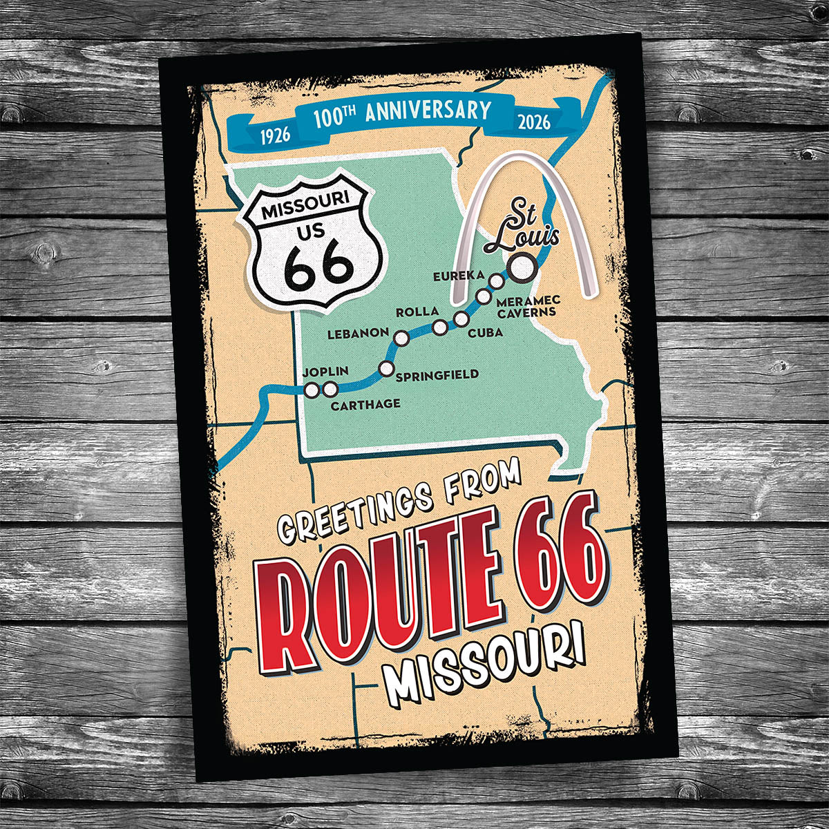Greetings from Route 66 Missouri Map Postcard - 100th Anniversary