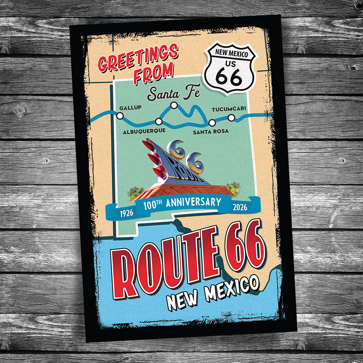Greetings from Route 66 New Mexico Map Postcard - 100th Anniversary