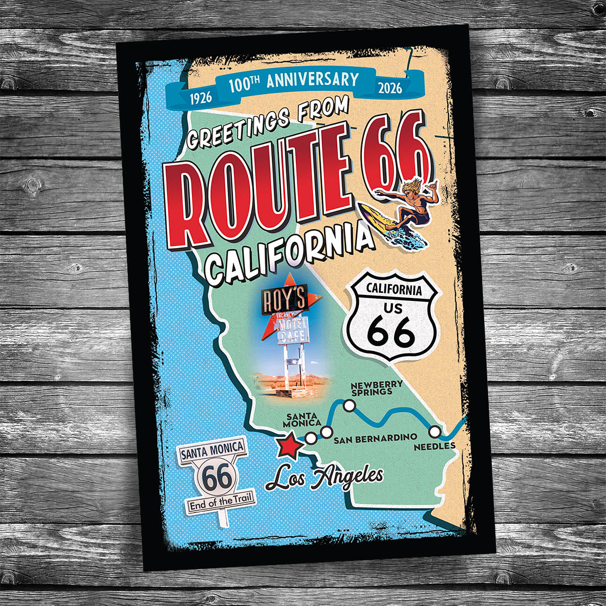 Greetings from Route 66 California Map Postcard - 100th Anniversary