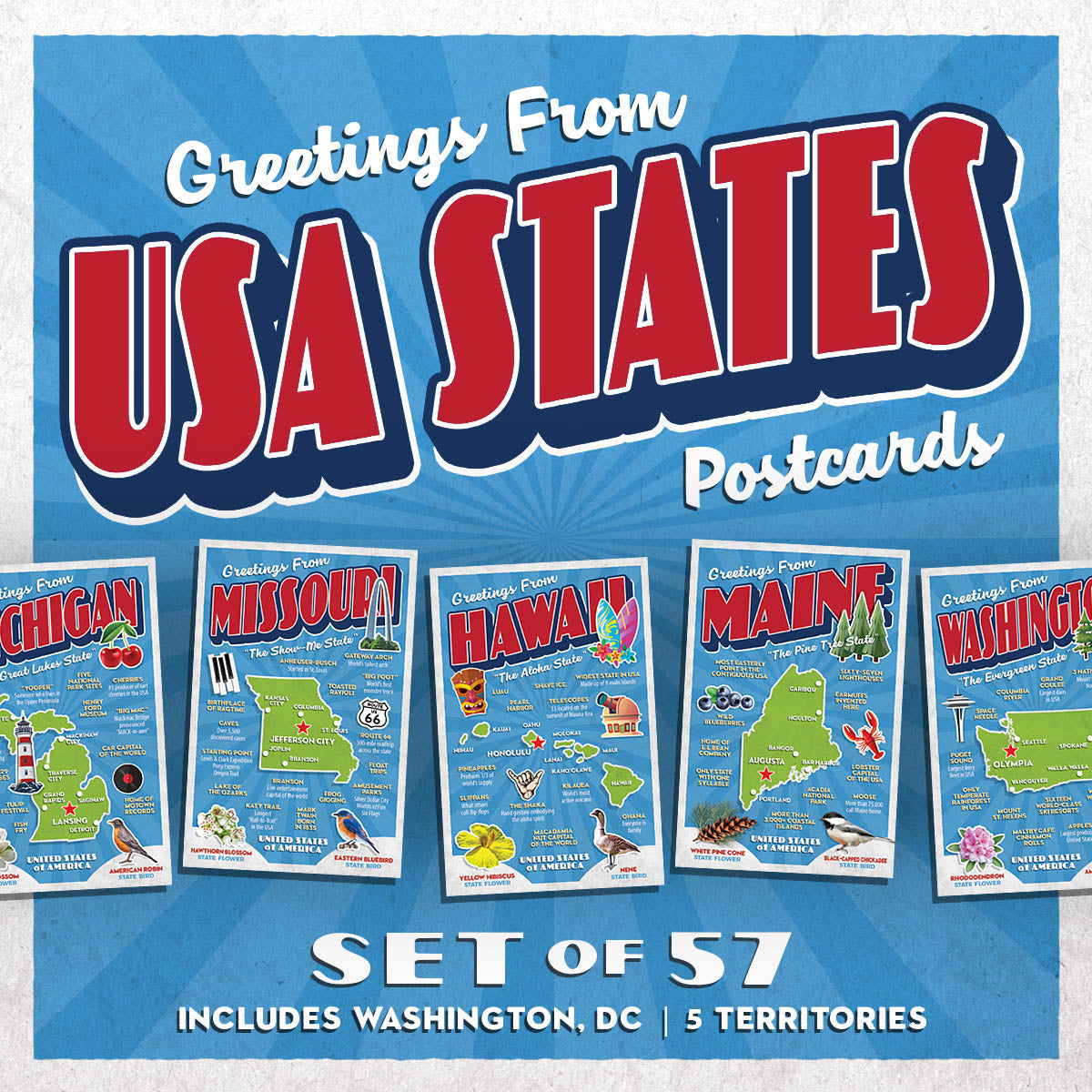 USA State Postcards | Set of 57 – Christopher Arndt Postcard Co