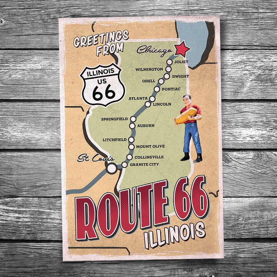Greetings from Route 66 Illinois Map Postcard